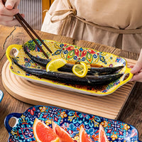 Prato de peixe de cerâmica estilo boêmio com alça: 32 x 8 cm