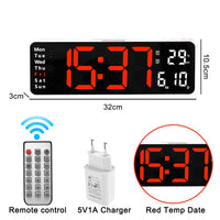 Relógio de parede digital com adaptador de controle remoto, exibição de hora, data, semana com despertador