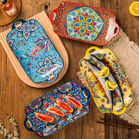 Prato de peixe de cerâmica estilo boêmio com alça: 32 x 8 cm