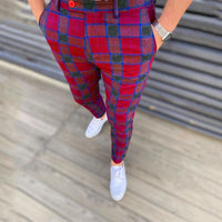 Calças xadrez casual com zíper elástico na cintura