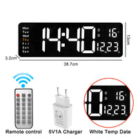 Relógio de parede digital com adaptador de controle remoto, exibição de hora, data, semana com despertador