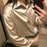 Moda Outono Camisa de Seda de Cetim com Botões Vintage