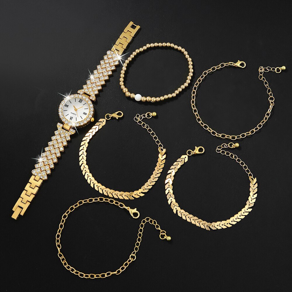 6 peças delicadas  relógio de quartzo com strass com conjunto de joias