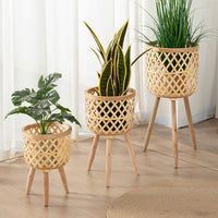 Conjunto com 3 Vasos Feito à mão de  bambu de flores com suporte pra planta e  decoração para casa