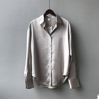 Moda Outono Camisa de Seda de Cetim com Botões Vintage